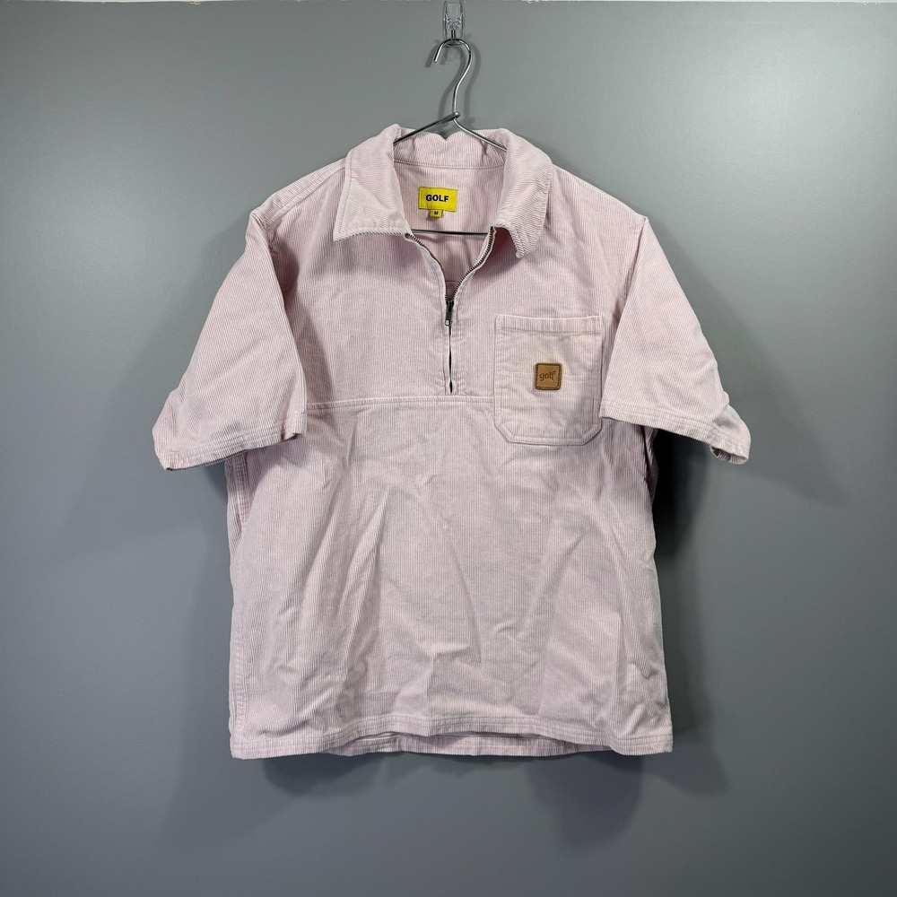 GOLF Polo Shirt Mens Medium Pink Corduroy 1/4 Zip Chest Pocket Logo Patch